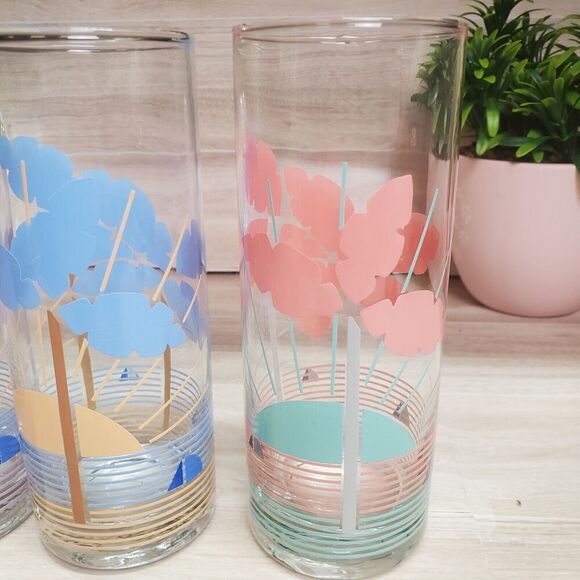 Vintage Tropical Highball Glasses Set of 4 Palm Trees - Picture 5 of 12